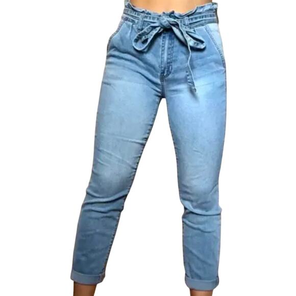 Fitted Paper Bag Mom Jeans With Ruffle Waist and Tie Belt Roll Hem 7 - Picture 1 of 9